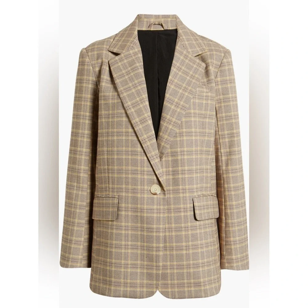 NWT Free People Crosby‎ Plaid Blazer Sz Large In WINTER WHEAT